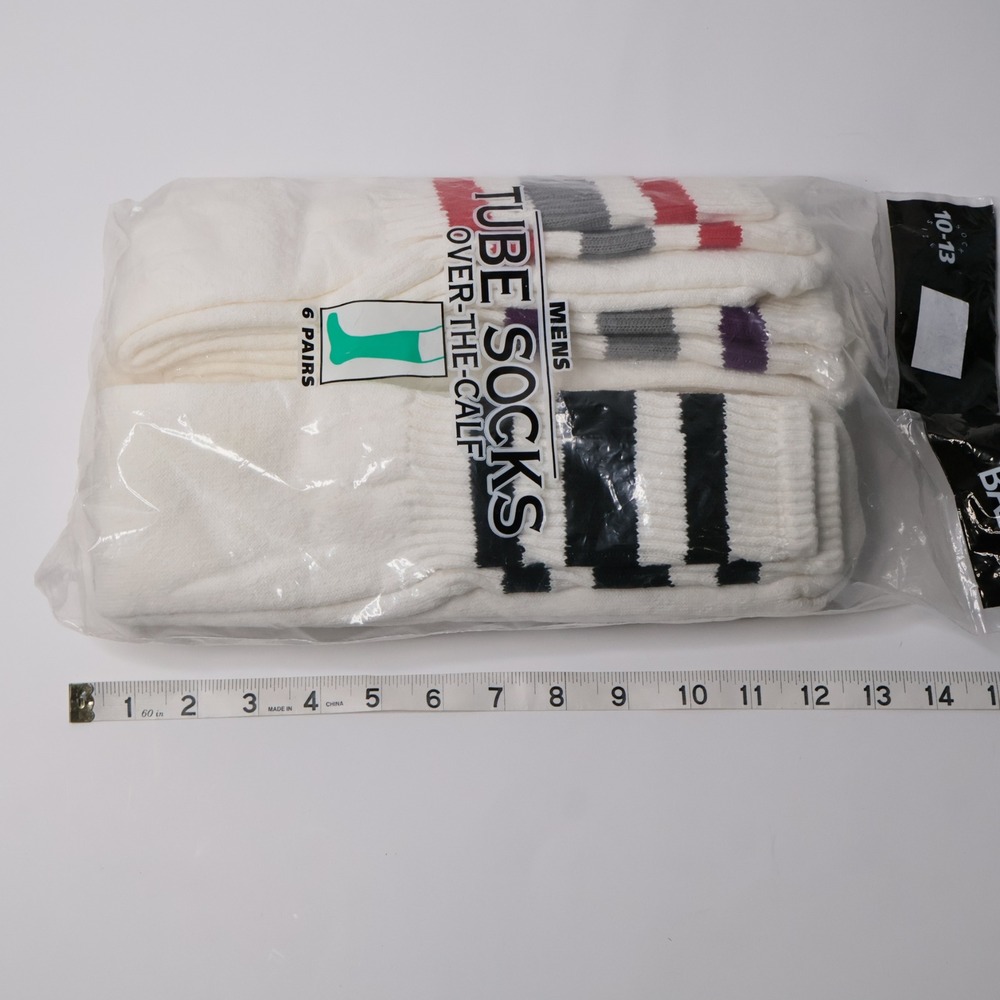 VTG Trend Basics Mens Tube Socks Over The Calf 6 Pairs White Striped 10-13 NEW - Picture 5 of 6